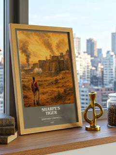 Sharpe's Tiger Book Cover Poster by Bernard Cornwell – framed print on a city-view windowsill