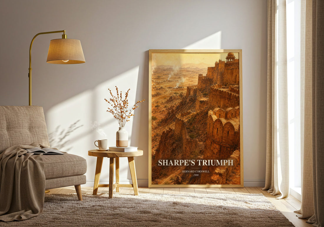 Sharpe's Triumph watercolour print in frame leaning in hallway – historical fiction wall art (mockup)