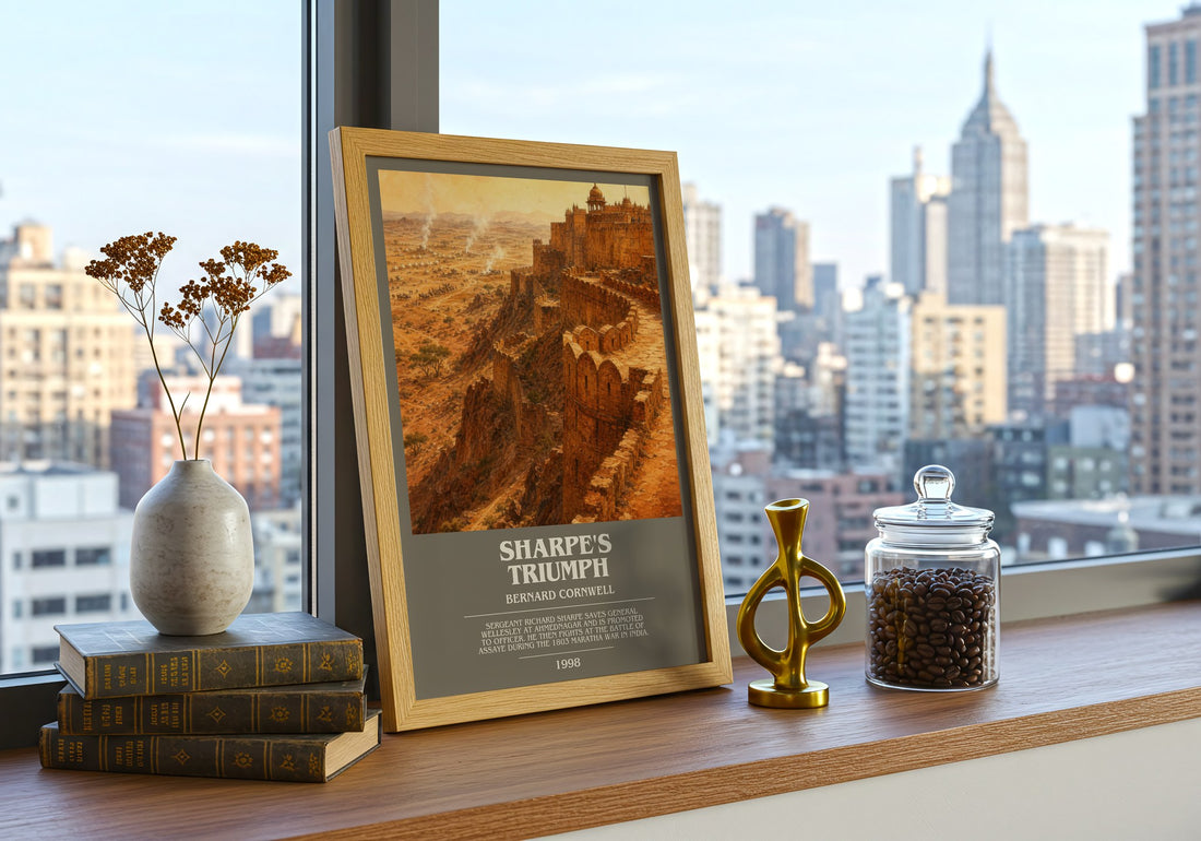 Sharpe's Triumph Bookish Wall Art by Bernard Cornwell – framed print on a city-view windowsill