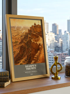 Sharpe's Triumph Book Cover Poster by Bernard Cornwell – framed print on a city-view windowsill