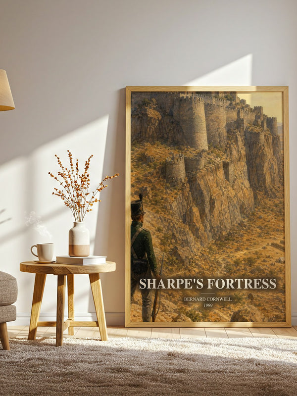 Sharpe's Fortress watercolour print in frame leaning in hallway – historical fiction wall art
