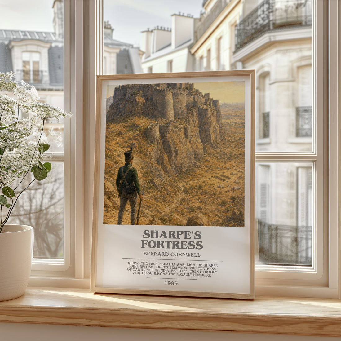 Sharpe's Fortress Bookish Wall Art by Bernard Cornwell – framed print by a bright window