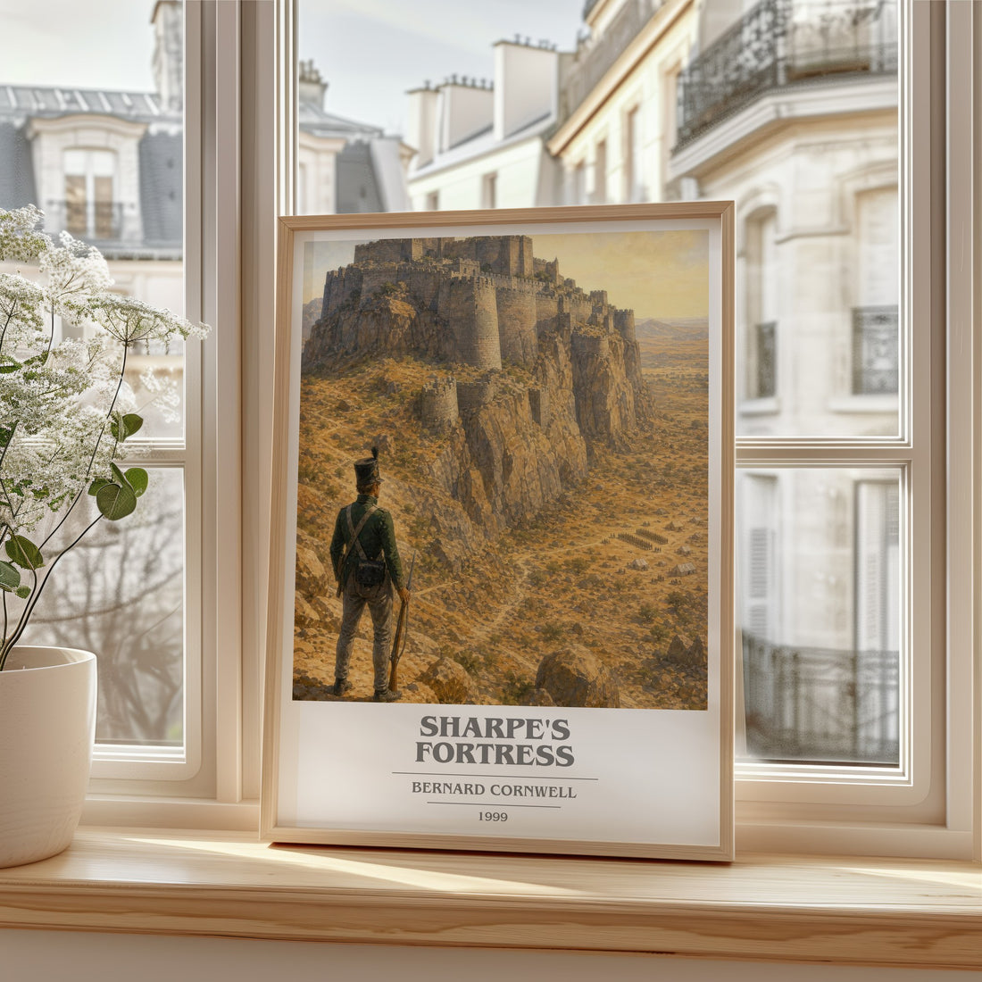 Sharpe's Fortress Book Cover Poster by Bernard Cornwell – framed print by a bright window