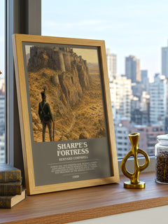 Sharpe's Fortress Bookish Wall Art by Bernard Cornwell – framed print on a city-view windowsill