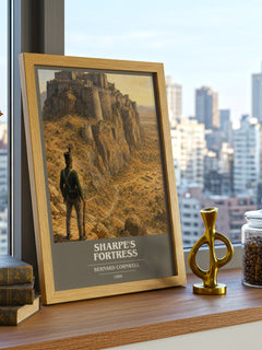 Sharpe's Fortress Book Cover Poster by Bernard Cornwell – framed print on a city-view windowsill