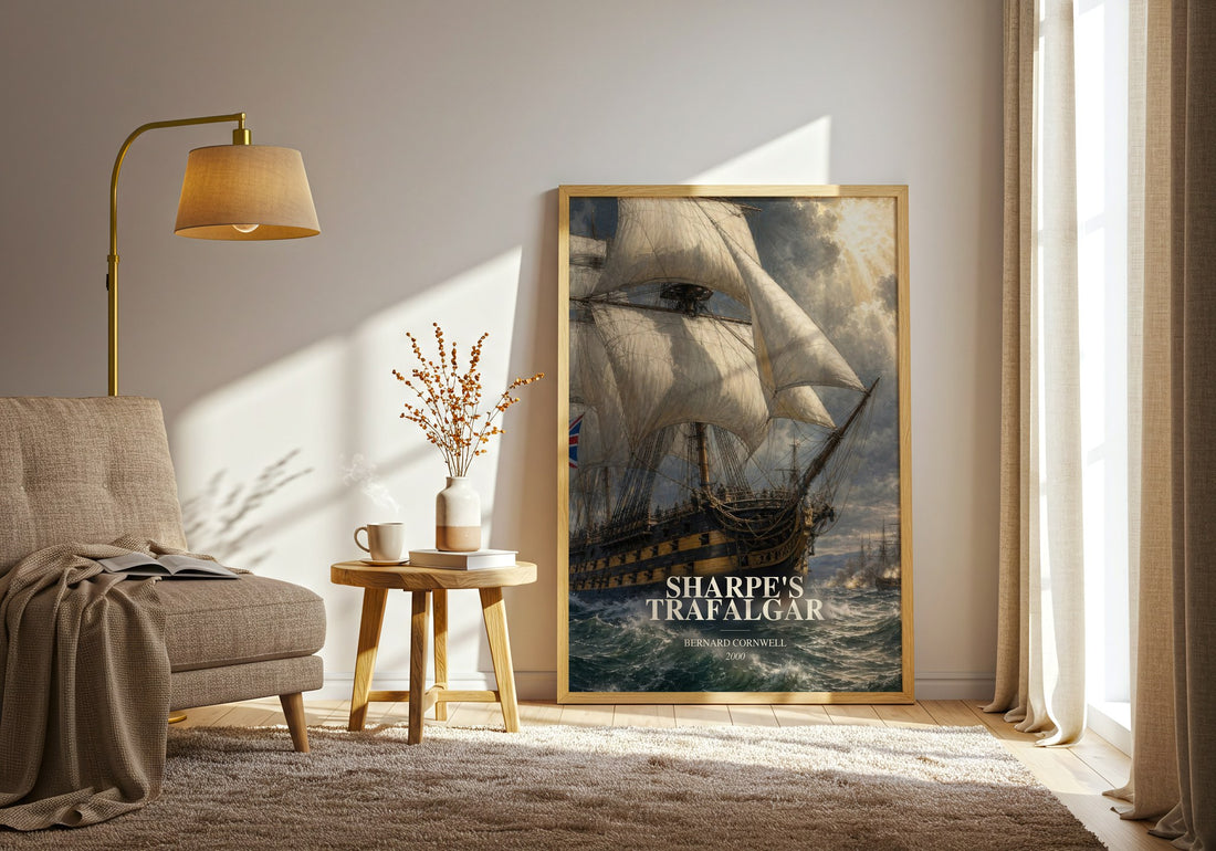 Sharpe's Trafalgar watercolour print in frame leaning in hallway – historical fiction wall art (mockup)