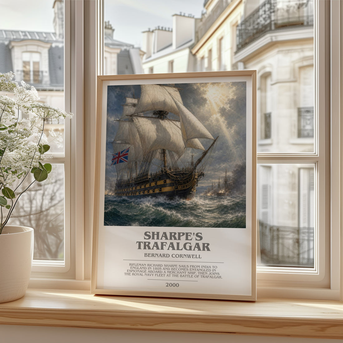 Sharpe's Trafalgar Bookish Wall Art by Bernard Cornwell – framed print by a bright window