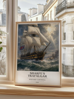 Sharpe's Trafalgar Book Cover Poster by Bernard Cornwell – framed print by a bright window