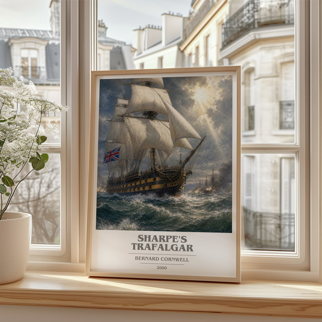Sharpe's Trafalgar Book Cover Poster by Bernard Cornwell – framed print by a bright window
