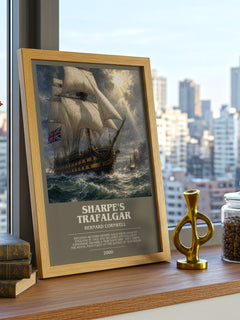 Sharpe's Trafalgar Bookish Wall Art by Bernard Cornwell – framed print on a city-view windowsill