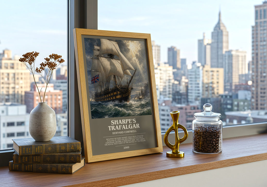 Sharpe's Trafalgar Bookish Wall Art by Bernard Cornwell – framed print on a city-view windowsill