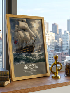 Sharpe's Trafalgar Book Cover Poster by Bernard Cornwell – framed print on a city-view windowsill