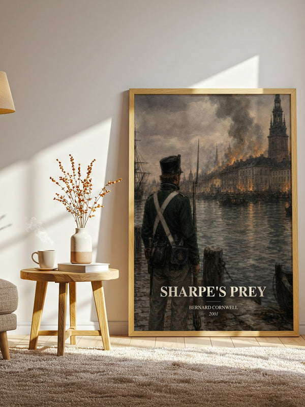Sharpe's Prey watercolour print in frame leaning in hallway – historical fiction wall art