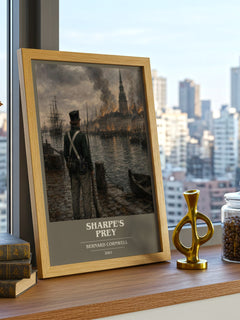Sharpe's Prey Book Cover Poster by Bernard Cornwell – framed print on a city-view windowsill
