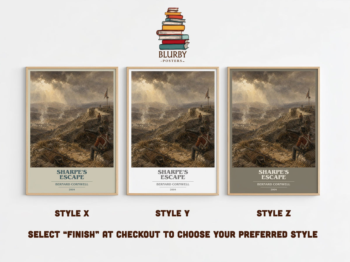 Sharpe's Escape book cover print in frame leaning in hallway – historical fiction wall art (mockup)