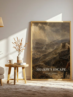 Sharpe's Escape watercolour print in frame leaning in hallway – historical fiction wall art