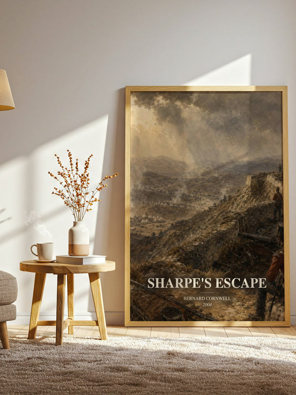 Sharpe's Escape watercolour print in frame leaning in hallway – historical fiction wall art