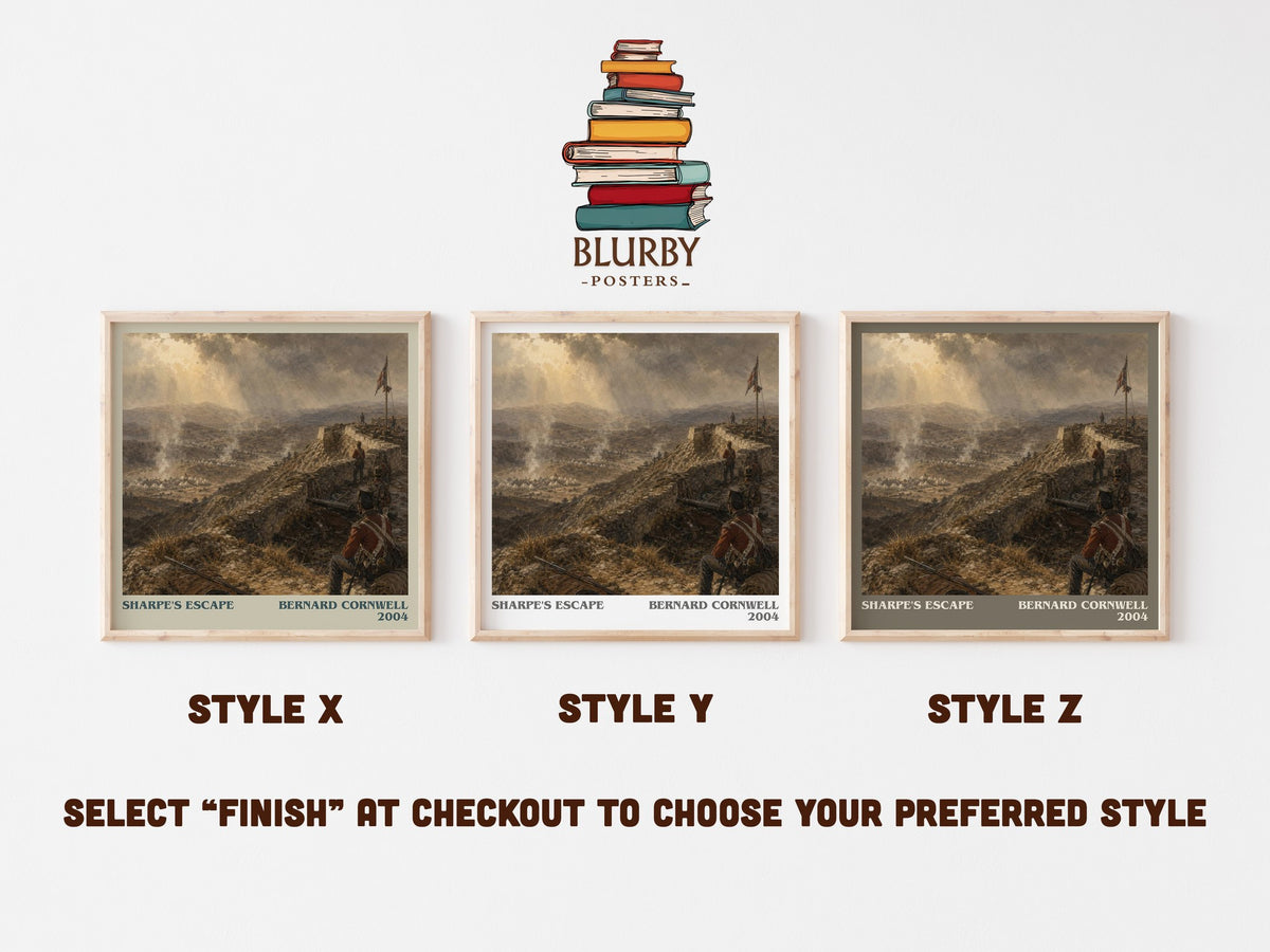 Sharpe's Escape literary print in frame leaning in hallway – historical fiction wall art (mockup)