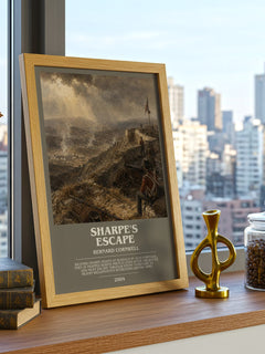 Sharpe's Escape Bookish Wall Art by Bernard Cornwell – framed print on a city-view windowsill