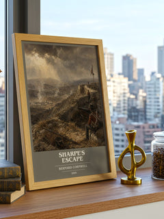 Sharpe's Escape Book Cover Poster by Bernard Cornwell – framed print on a city-view windowsill