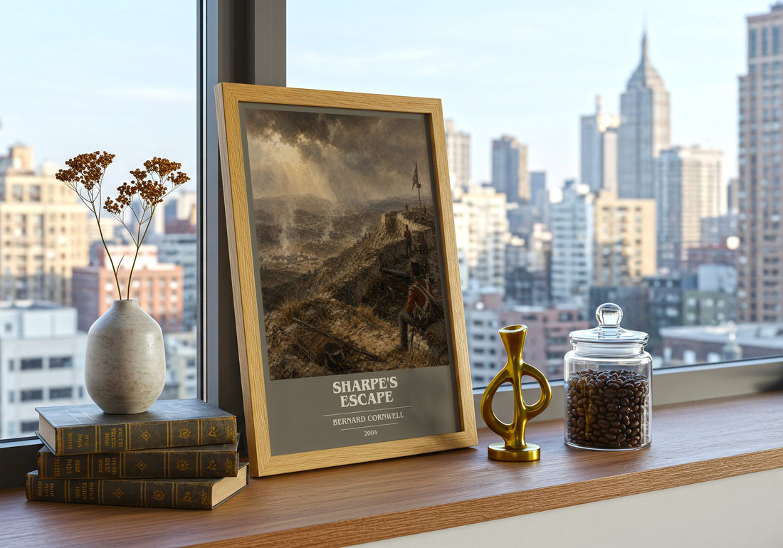 Sharpe's Escape Book Cover Poster by Bernard Cornwell – framed print on a city-view windowsill
