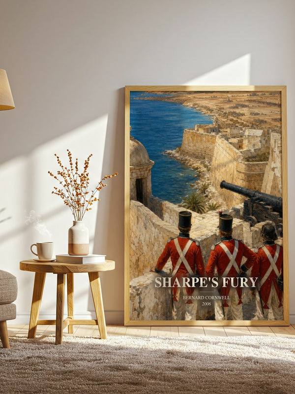 Sharpe's Fury watercolour print in frame leaning in hallway – historical fiction wall art
