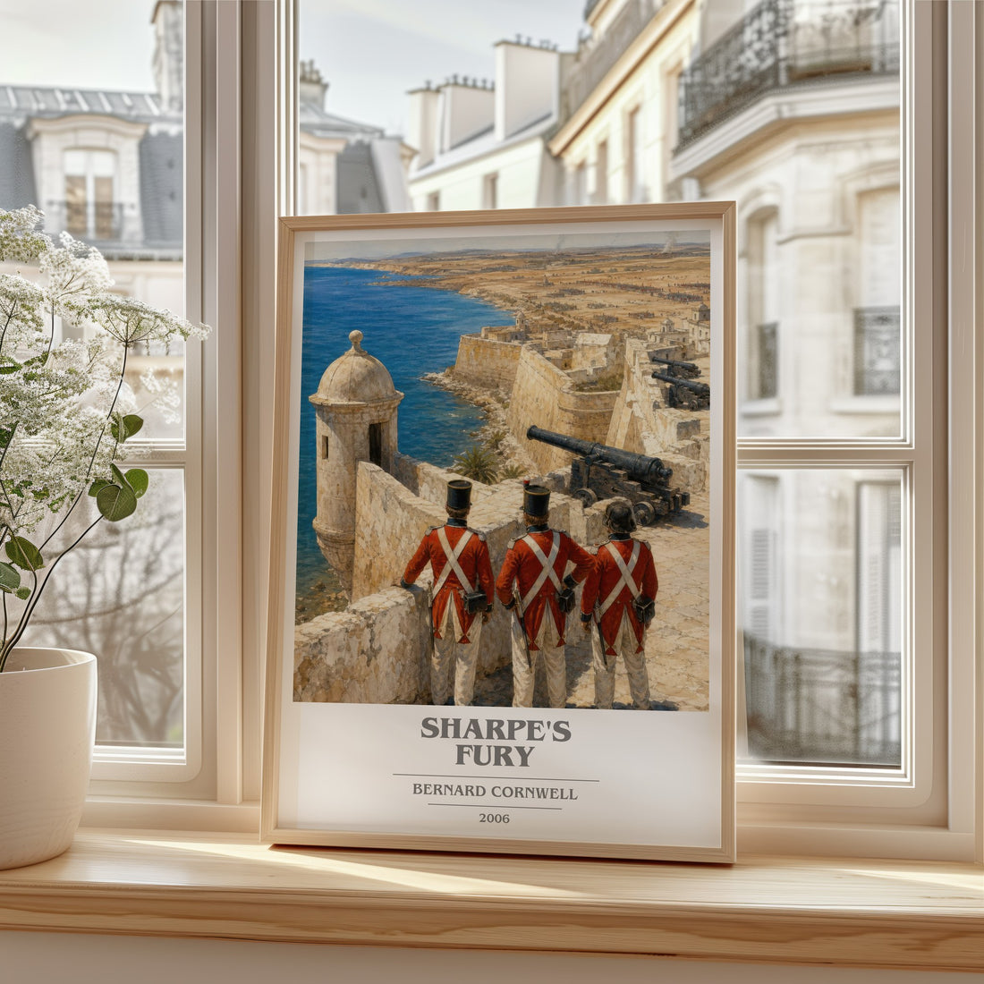 Sharpe's Fury Book Cover Poster by Bernard Cornwell – framed print by a bright window