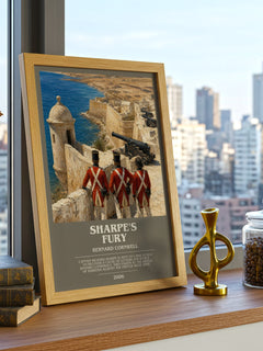 Sharpe's Fury Bookish Wall Art by Bernard Cornwell – framed print on a city-view windowsill