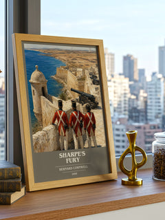 Sharpe's Fury Book Cover Poster by Bernard Cornwell – framed print on a city-view windowsill
