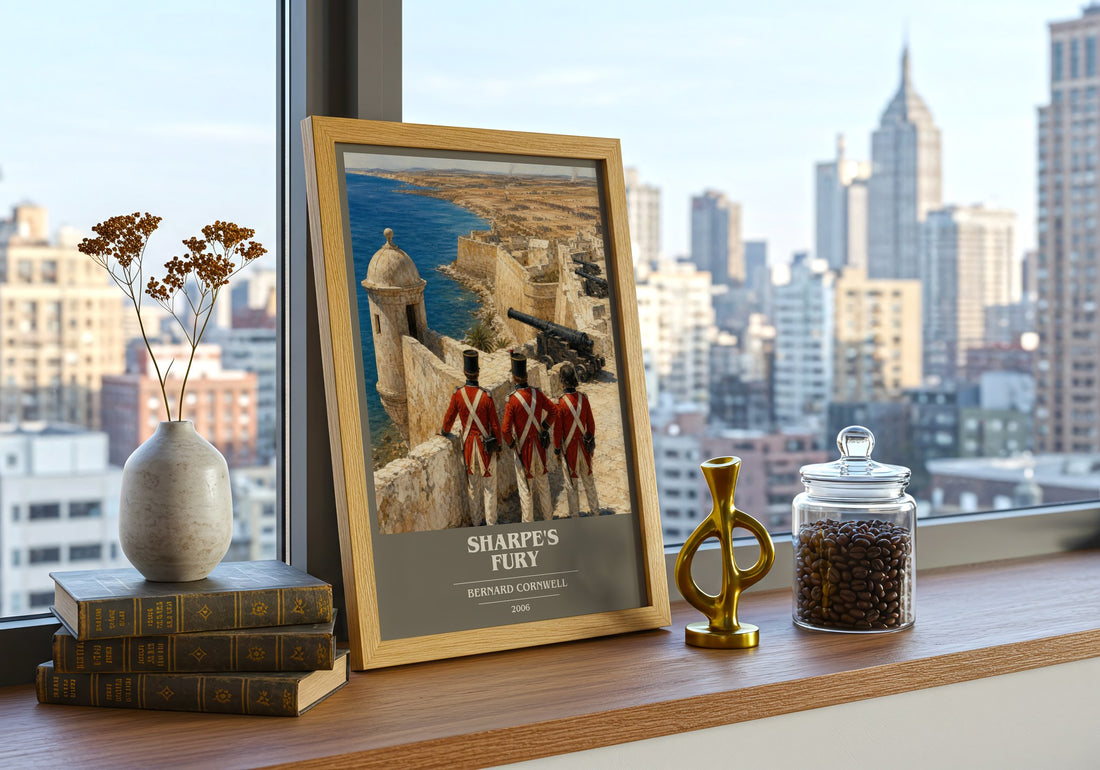 Sharpe's Fury Book Cover Poster by Bernard Cornwell – framed print on a city-view windowsill