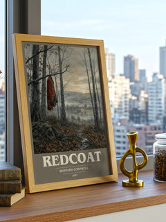Redcoat Book Cover Poster by Bernard Cornwell – framed print on a city-view windowsill