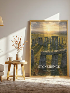 Stonehenge watercolour print in frame leaning in hallway – historical fiction wall art