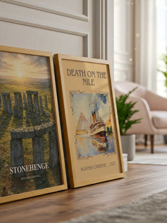 Stonehenge watercolour print framed by window – literary home decor