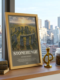 Stonehenge Bookish Wall Art by Bernard Cornwell – framed print on a city-view windowsill