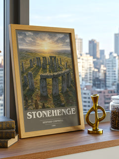 Stonehenge Book Cover Poster by Bernard Cornwell – framed print on a city-view windowsill