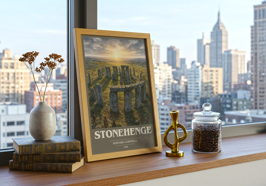 Stonehenge Book Cover Poster by Bernard Cornwell – framed print on a city-view windowsill