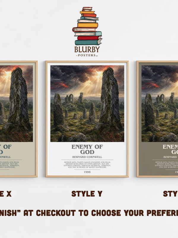 Enemy of God bookish print in frame leaning in hallway – historical fiction wall art