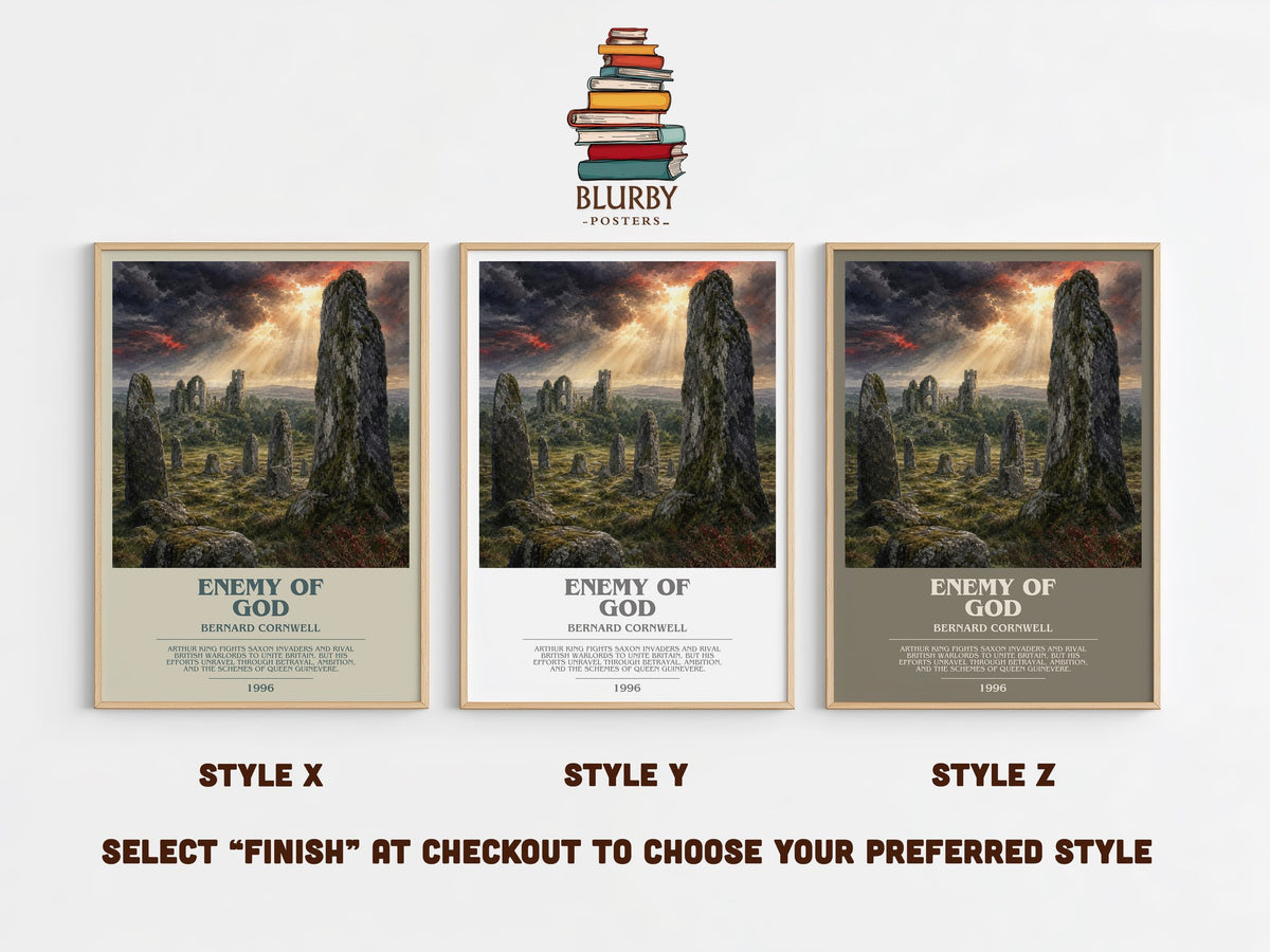 Enemy of God bookish print in frame leaning in hallway – historical fiction wall art (mockup)
