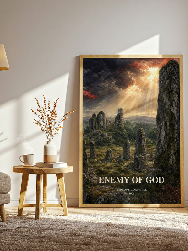 Enemy of God watercolour print in frame leaning in hallway – historical fiction wall art