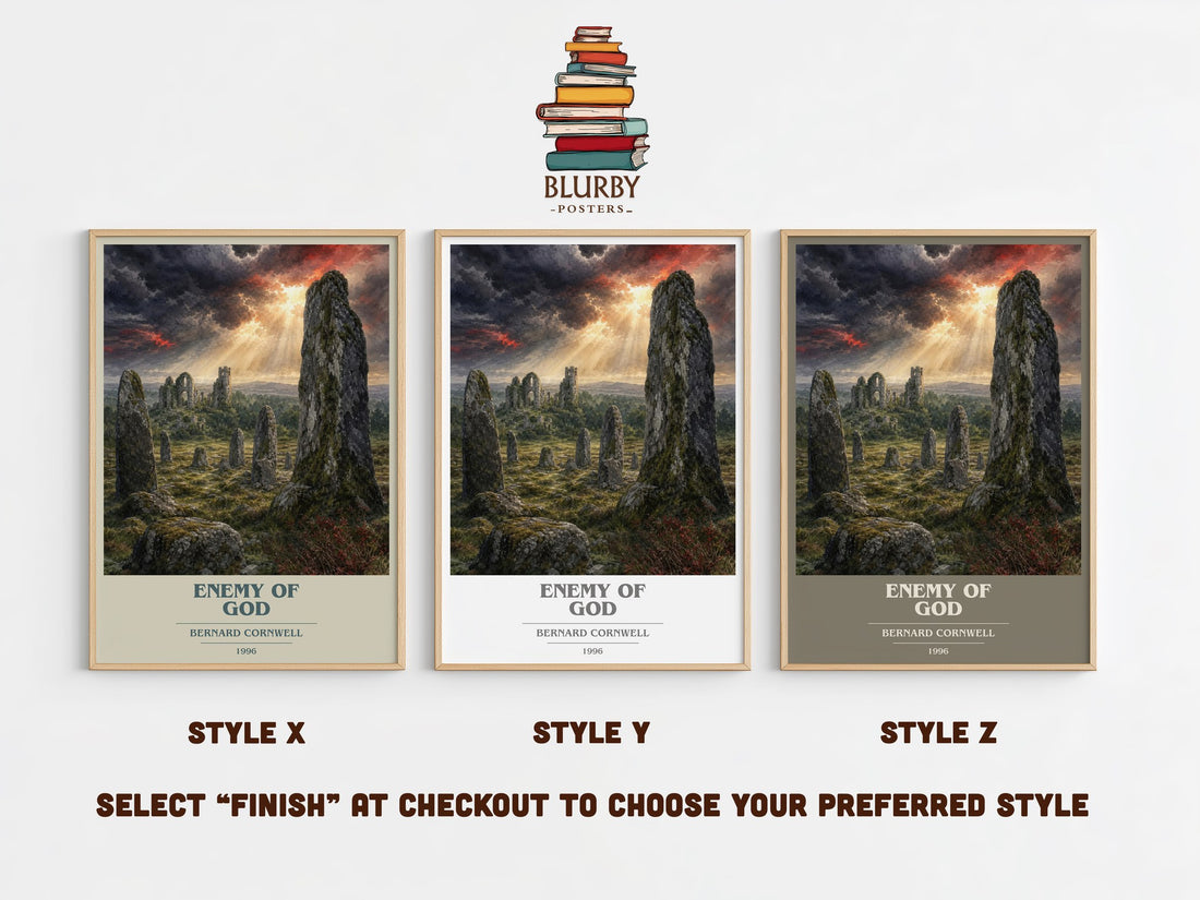 Enemy of God Book Cover Poster by Bernard Cornwell – Style X, Y and Z side by side – choose your finish