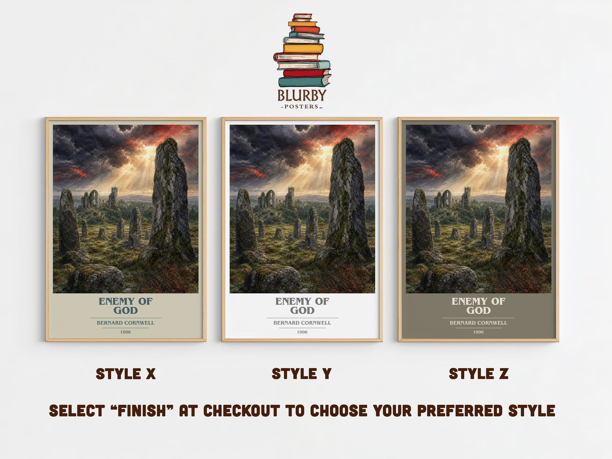 Enemy of God book cover print in frame leaning in hallway – historical fiction wall art (mockup)