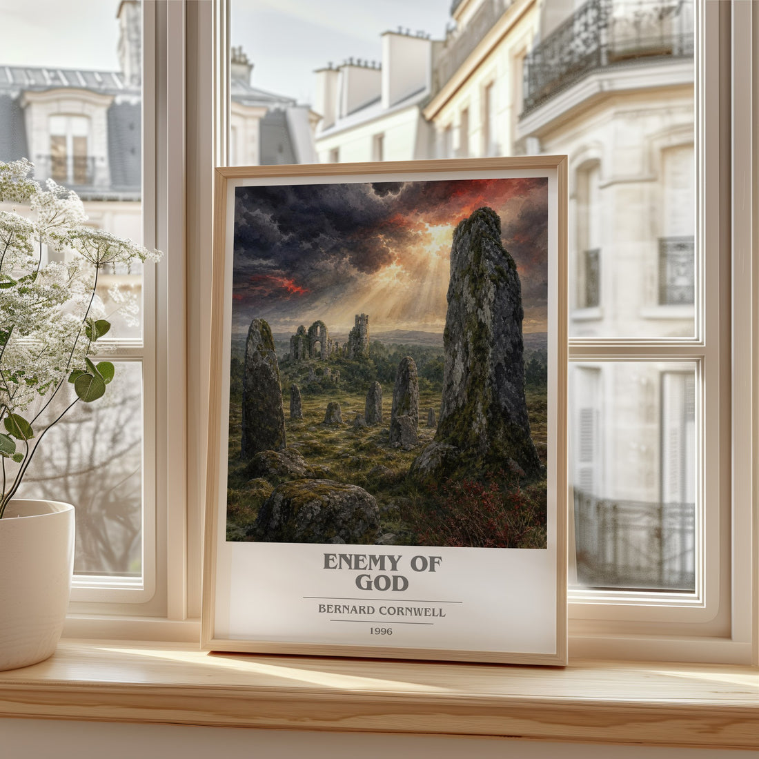 Enemy of God Book Cover Poster by Bernard Cornwell – framed print by a bright window