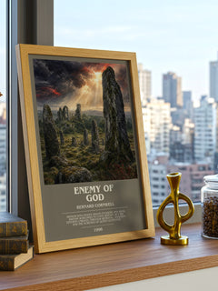 Enemy of God Bookish Wall Art by Bernard Cornwell – framed print on a city-view windowsill