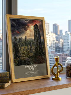 Enemy of God Book Cover Poster by Bernard Cornwell – framed print on a city-view windowsill