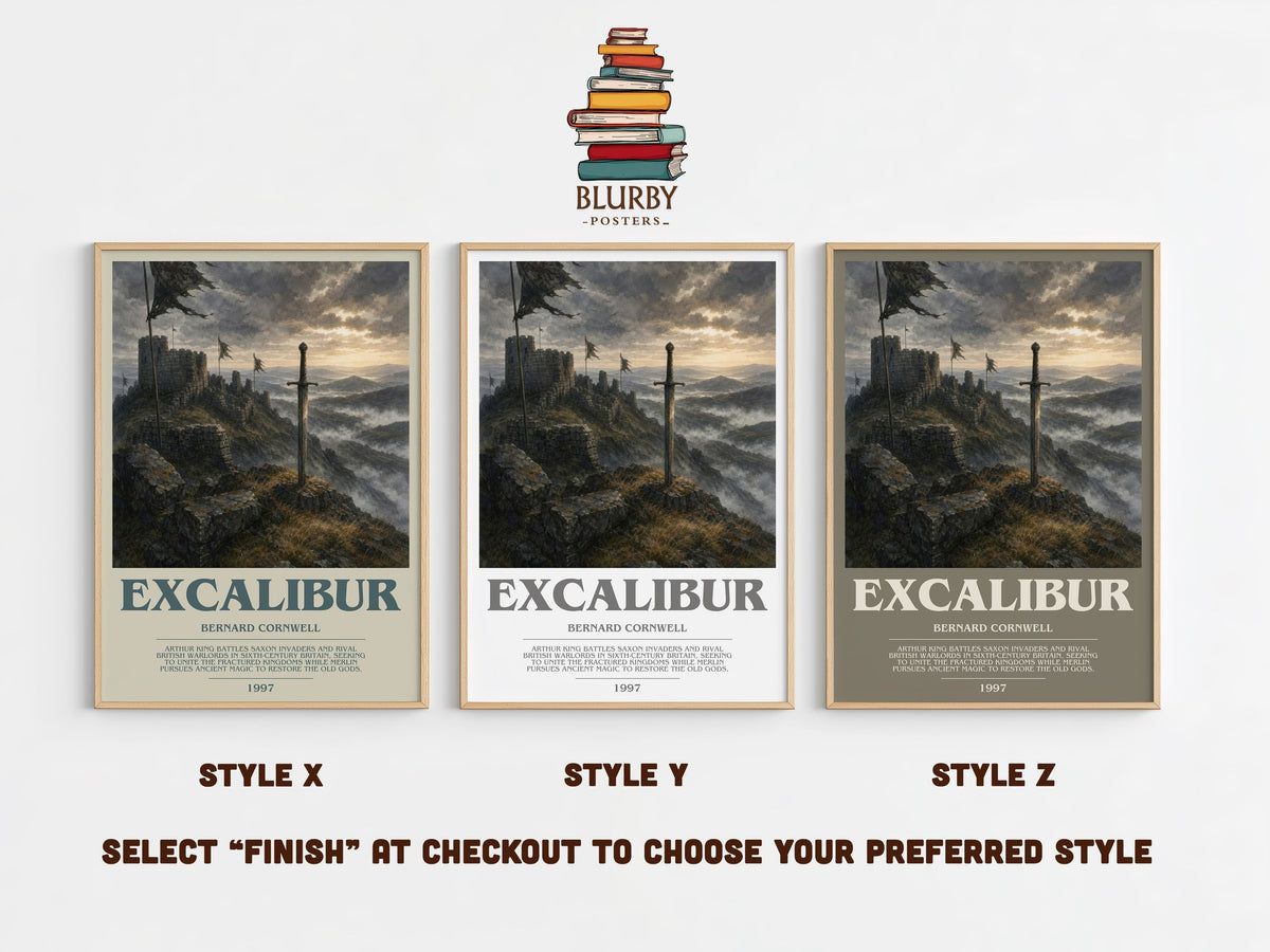 Excalibur bookish print in frame leaning in hallway – historical fiction wall art (mockup)