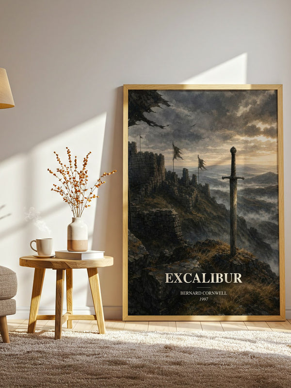 Excalibur watercolour print in frame leaning in hallway – historical fiction wall art