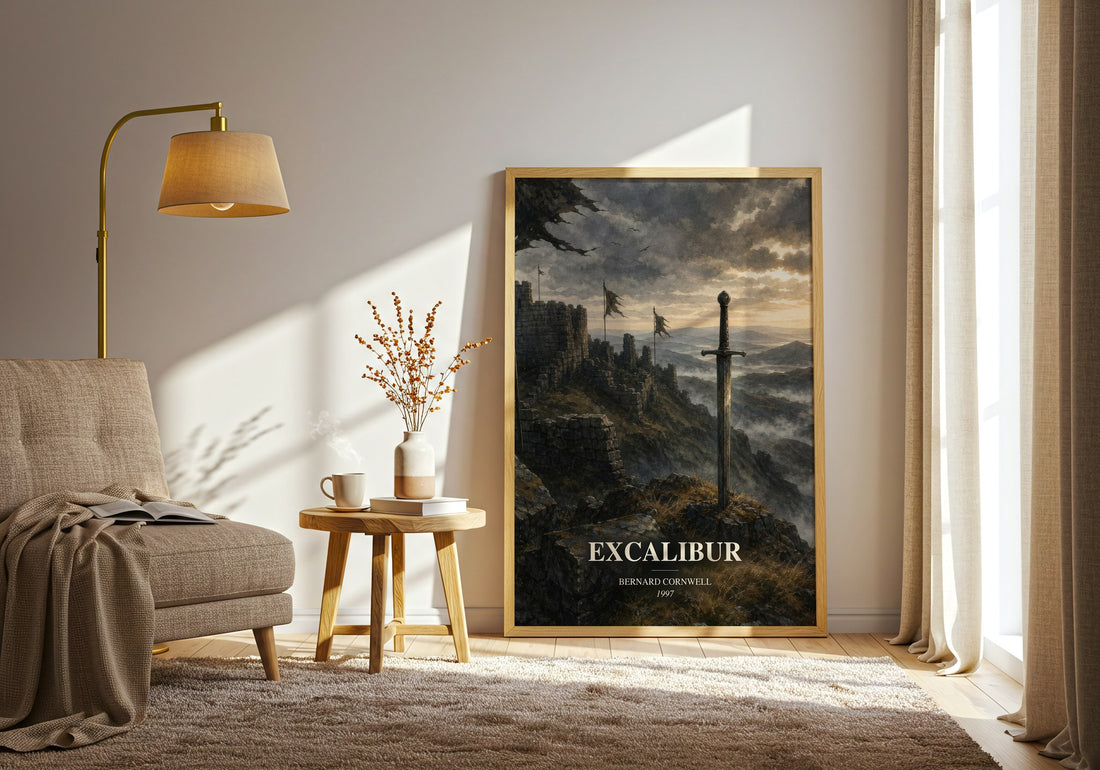 Excalibur watercolour print in frame leaning in hallway – historical fiction wall art (mockup)