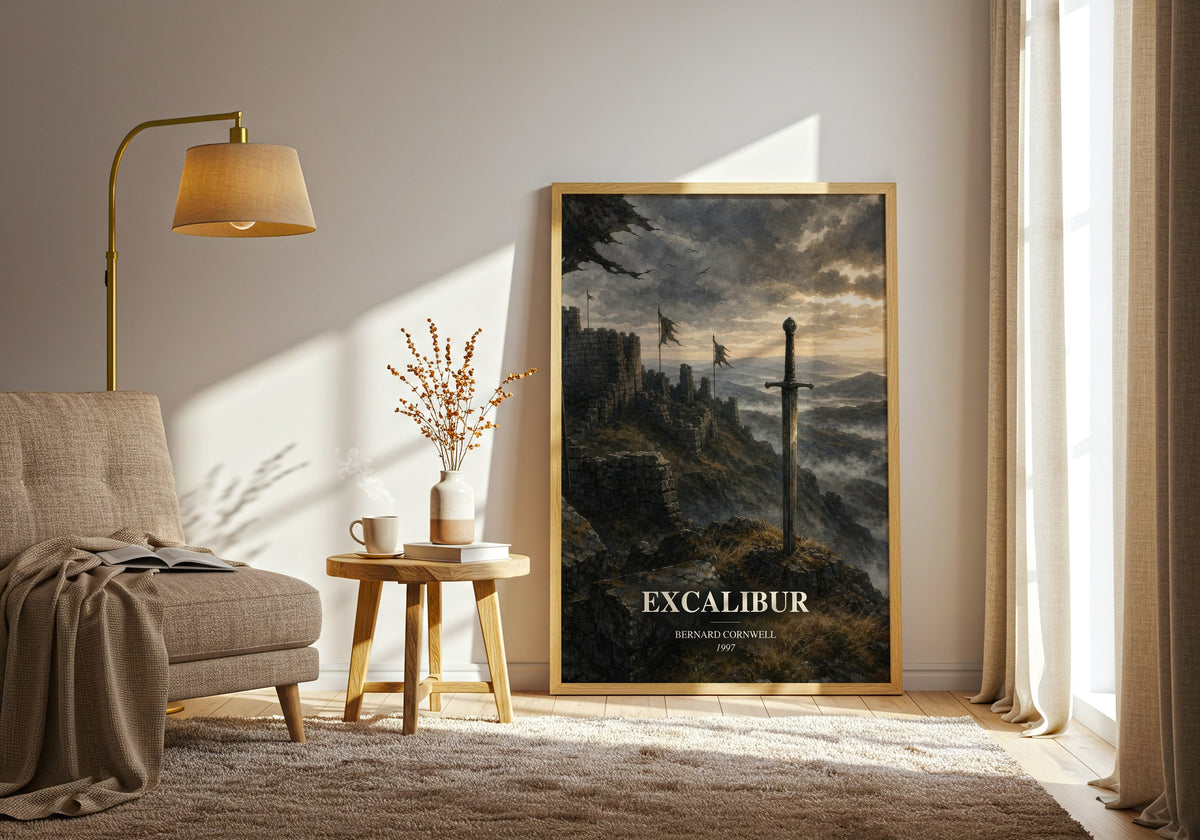 Excalibur watercolour print in frame leaning in hallway – historical fiction wall art (mockup)