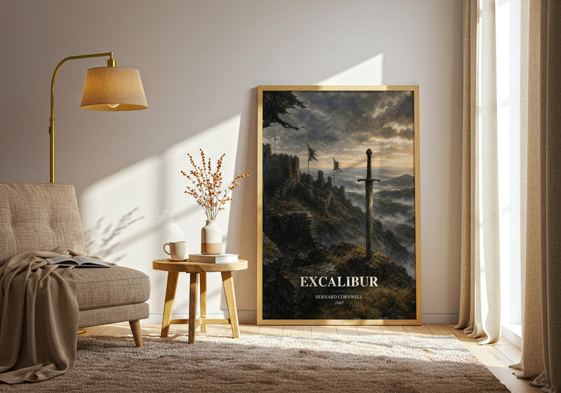 Excalibur watercolour print in frame leaning in hallway – historical fiction wall art