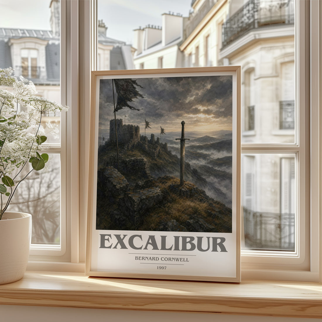 Excalibur Book Cover Poster by Bernard Cornwell – framed print by a bright window